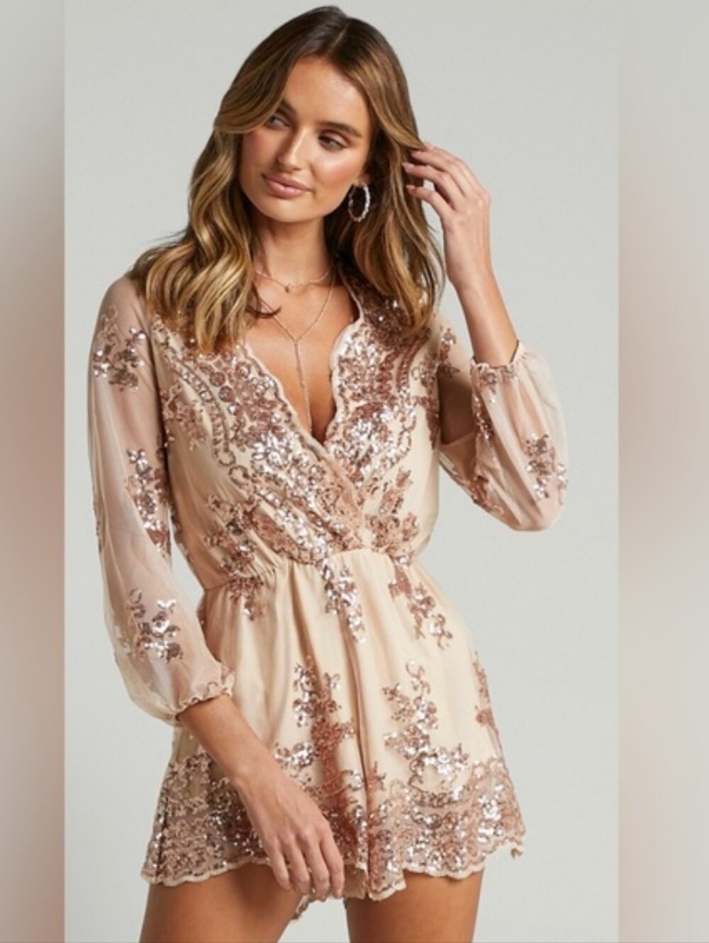 She + Sky Rose Gold Sequin Lace Romper Playsuit Size Small Like New